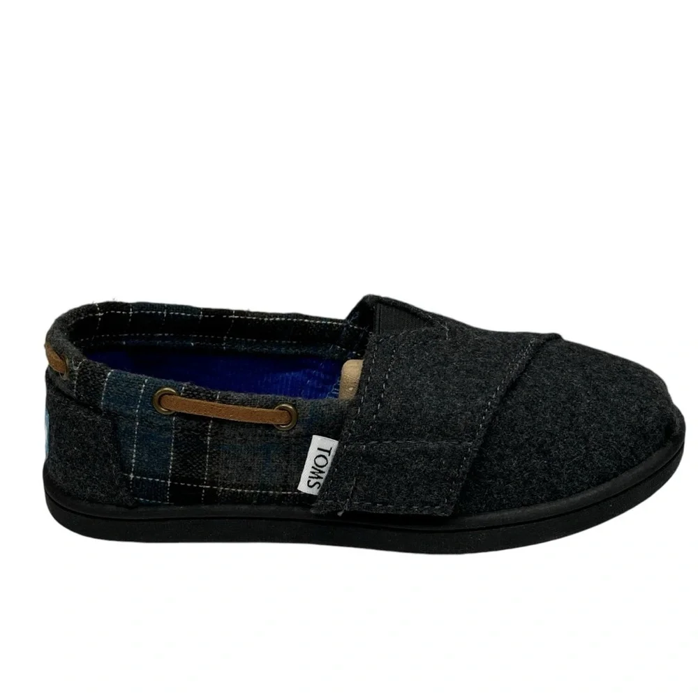 New TOMS Tiny Bimini Alpargata Blue & Grey Tartan Plaid Slip On Size 11 MSRP $59